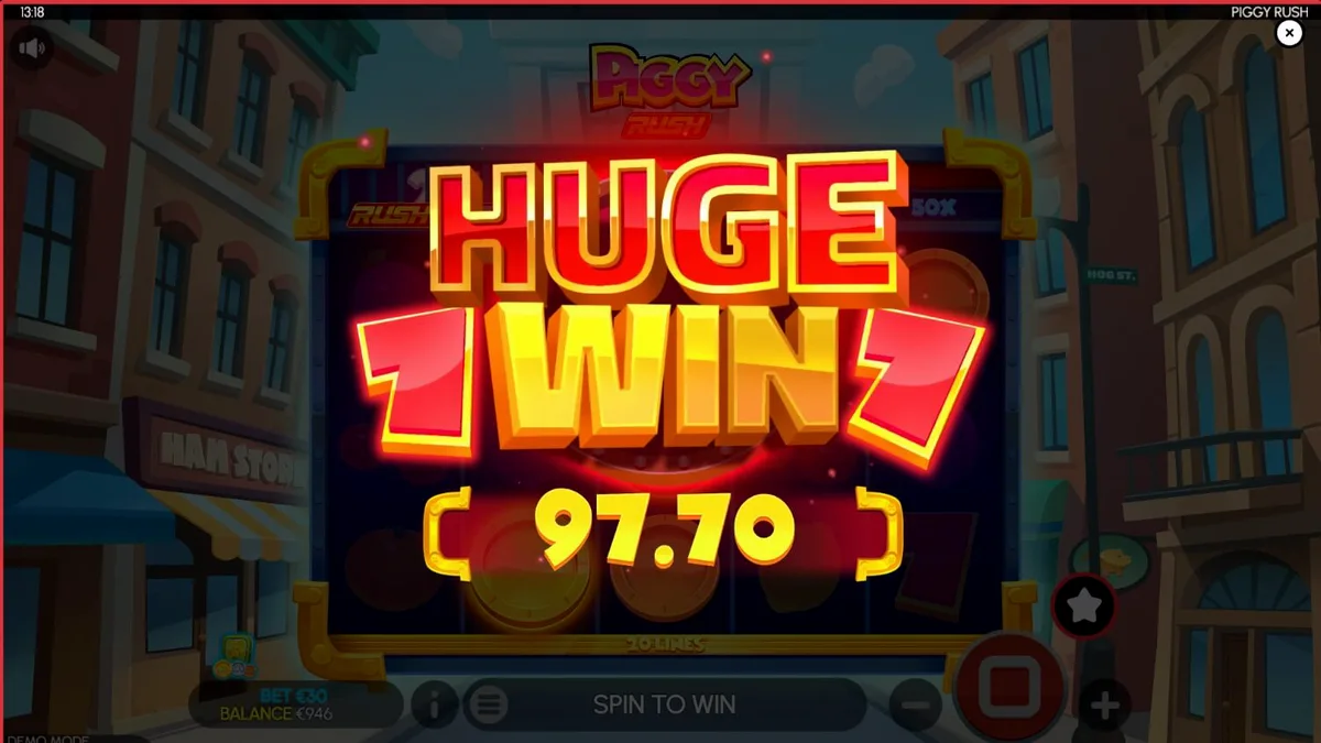 Tampilan visual slot Piggy Rush dengan tema pertanian dan simbol piggy.