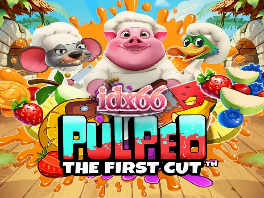 Tampilan visual slot Pulped: The First Cut dengan karakter koki hewan dan latar belakang dapur tropis.
